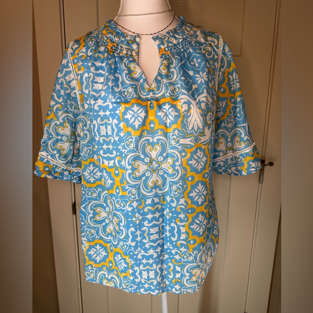 Ann Taylor‎ Women’s Boho Peasant Top Small Blue Yellow Print Keyhole